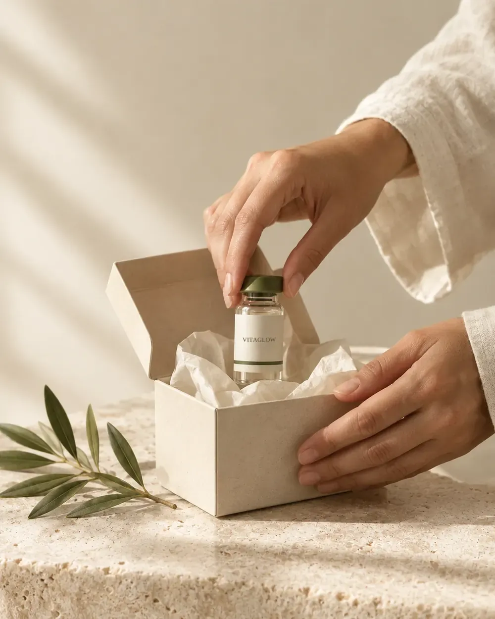 Hands lifting a Vitaglow vial with an olive green cap out of a tissue-lined cream box, beside an olive sprig on travertine stone.