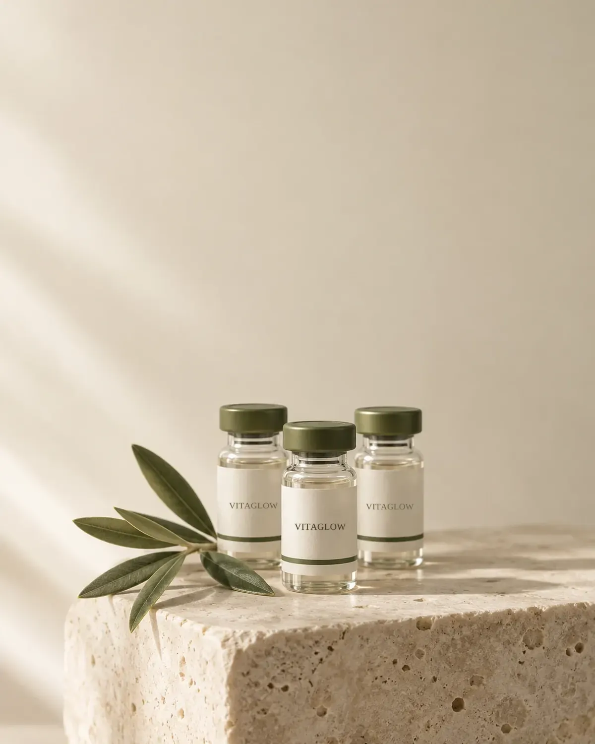 Three Vitaglow vials with olive green caps on a travertine stone plinth beside an olive sprig.